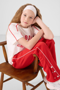 Экрю-Фиеста О-воротник с принтом, широкие брюки с кнопками, комплект спортивной одежды для девочек - 751725