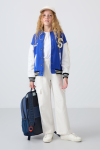 Ночная голубая хлопковая стандартной посадки куртка колледж с вышивкой для девочек с мягкой текстурой и утепленным внутренним слоем - 751632.