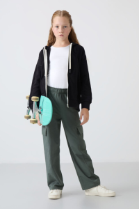 Черный хлопковый мягкий толстовка с ворсом внутри стандартного кроя для девочек с вышивкой - 751492