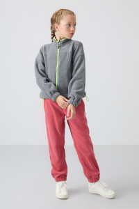 Серый меланжевый толстый мягкий текстурированный стандартный свитшот с вышивкой для девочек - 751572