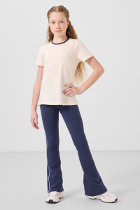 Екрю-Индиго Хлопковый Комплект Футболки с Круглым Вырезом и Стандартным Кроем с Испанскими Штанинами для Девочек - 751928