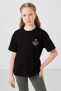 Черная хлопковая футболка с круглым вырезом и оверсайз посадкой для девочек с принтом - 751781