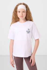 Белая хлопковая футболка с круглым вырезом и оверсайз кроем, принт для девочек - 751781