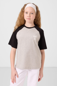 Серая меланжевая футболка с принтом для девочек с круглым вырезом, свободного кроя - 751791.