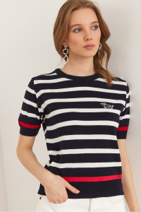 Olalook Kadın Lacivert Köpek Nakışlı Çizgili Triko Bluz BLZ-19002874