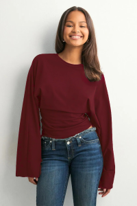 ecemore Bisiklet Yaka Belden Oturtmalı Geniş Kollu Bordo Bluz E9128