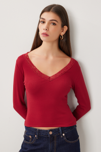 Lovelyİstanbul Dantel Detaylı Örme Bluz LUB0312 BORDO