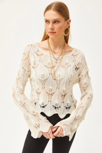 Olalook Kadın Ekru Geniş Yaka Eteği Dalgalı Pamuk Triko Bluz BLZ-19002501