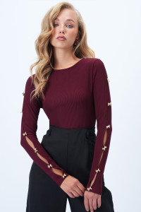 Trend Alaçatı Stili Kadın Bordo Bisiklet Yaka Kolu Gold Düğme Detaylı Ottoban Bluz Alc-X14336