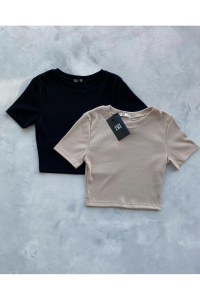 ÖZ PAMUK Kadın 2'lİ Adet Siyah Fitilli Bisiklet Yaka Kaşkorse Crop T-Shirt.